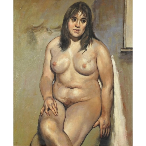 2144 - After Lucien Freud - Portrait of a seated nude female, oil onto canvas, framed, 58.5cm x 49cm
