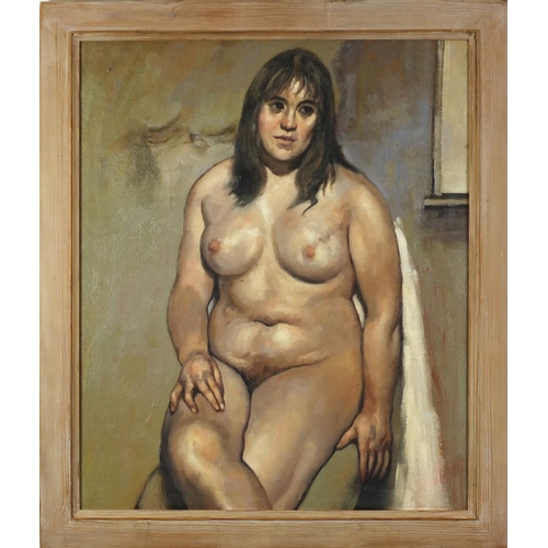 2144 - After Lucien Freud - Portrait of a seated nude female, oil onto canvas, framed, 58.5cm x 49cm