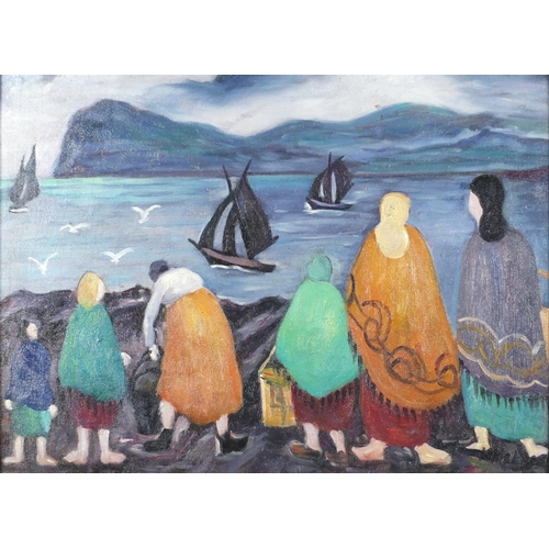 2146 - Manner of Markey Robinson - Figures before water, Irish School oil onto board, framed, 47.5cm x 35cm