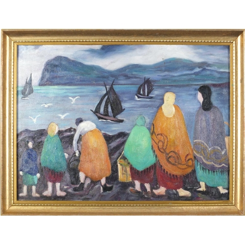 2146 - Manner of Markey Robinson - Figures before water, Irish School oil onto board, framed, 47.5cm x 35cm