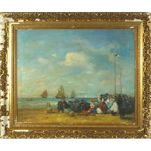 2108 - Busy beach scene, French Impressionist oil onto canvas, bearing a signature E. Boudin, 62cm x 49.5cm