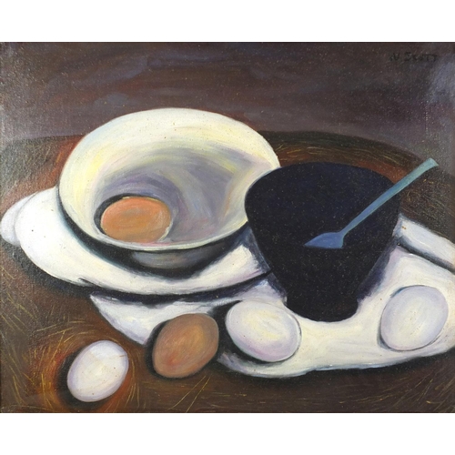 2071 - Still life eggs, oil onto board, bearing a signature W. Scott, framed, 55.5cm x 44.5cm