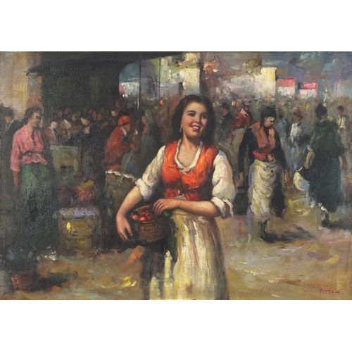 2104 - Busy market scene, Italian School oil onto board, bearing a signature Pitto, framed, 59cm x 41cm