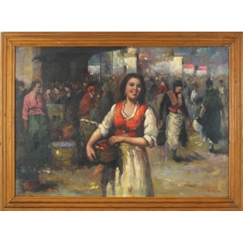 2104 - Busy market scene, Italian School oil onto board, bearing a signature Pitto, framed, 59cm x 41cm