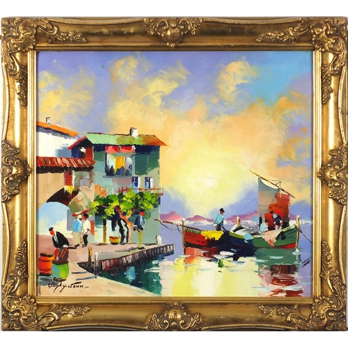 2207 - Manner of Cecil Rochfort D'Oyly John - Continental harbour scene, oil onto board, framed, 47.5cm x 4... 