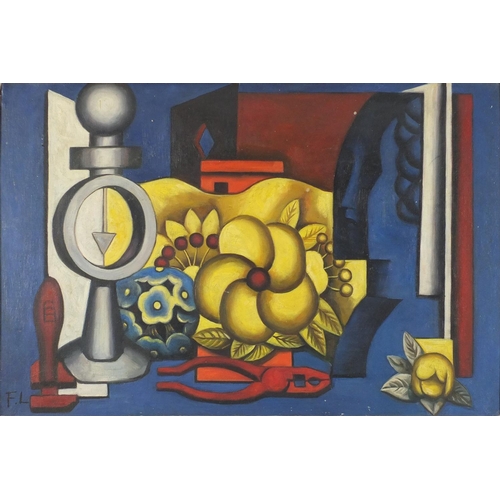 2073 - Abstract composition, still life, French School oil onto board, bearing a monogram FL, 74.5cm x 50cm