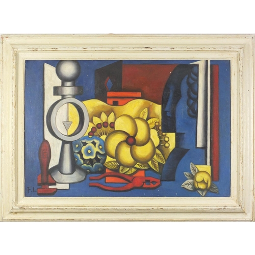 2073 - Abstract composition, still life, French School oil onto board, bearing a monogram FL, 74.5cm x 50cm