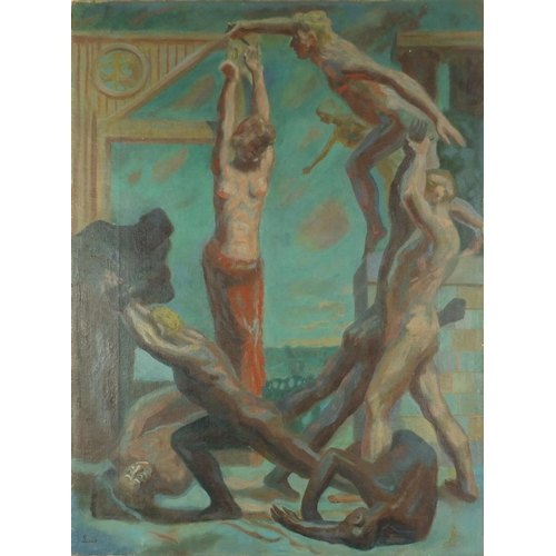 2107 - Nude figures, French Symbolist oil onto canvas, bearing a signature Luce, unframed, 102cm x 77cm