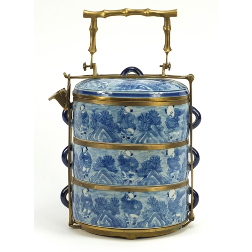 2117 - Chinese blue and white porcelain stacking container with naturalistic metal mount, 19cm high