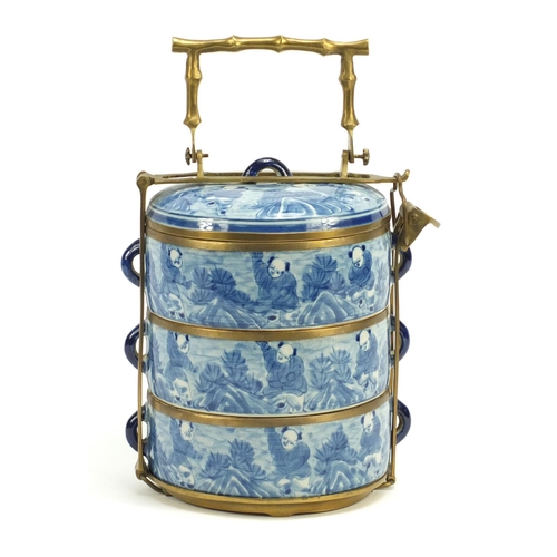 2117 - Chinese blue and white porcelain stacking container with naturalistic metal mount, 19cm high
