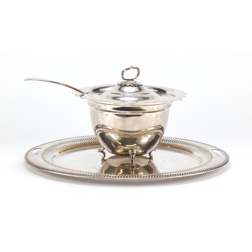 2193 - Silver plated lidded tureen with ladle and twin handled tray, the larger 45.5cm wide