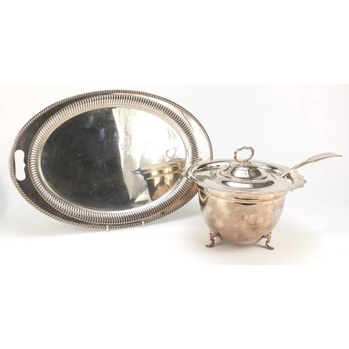 2193 - Silver plated lidded tureen with ladle and twin handled tray, the larger 45.5cm wide