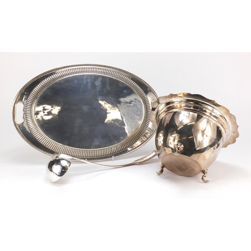 2193 - Silver plated lidded tureen with ladle and twin handled tray, the larger 45.5cm wide