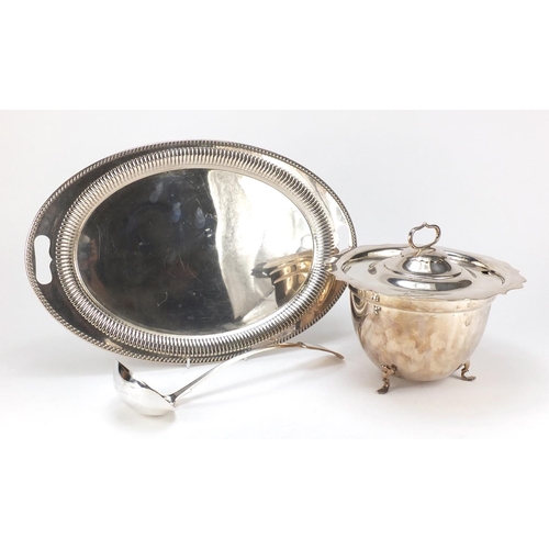 2193 - Silver plated lidded tureen with ladle and twin handled tray, the larger 45.5cm wide