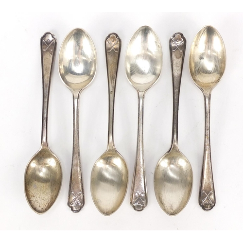 2349 - Set of six silver golfing interest teaspoons by Walker and Hall, 11cm in length, 82.2g