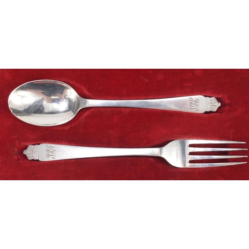 2352 - Silver 1937 coronation fork and spoon christening set by Roberts and Belk, Sheffield 1937, 15cm in l... 
