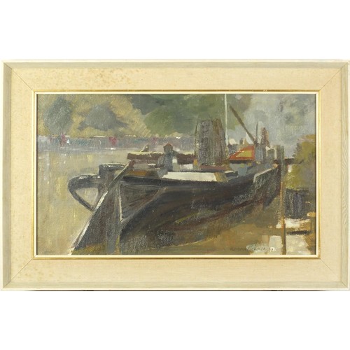 2208 - Moored boat, oil on canvas, bearing indistinct signature, K. Harine Church ?, mounted and framed, 59... 