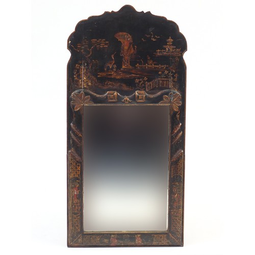 2068 - Chinoiserie black lacquered pier mirror with bevelled glass, 87cm x 42cm
