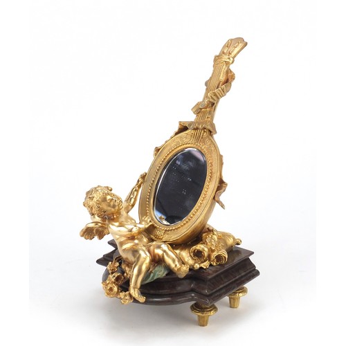 2092 - French Empire style gilt bronze and marble desk mirror in the form of a cherub with a mandolin, 30cm... 