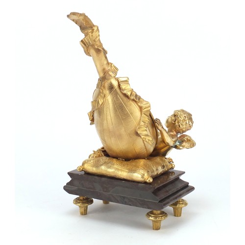 2092 - French Empire style gilt bronze and marble desk mirror in the form of a cherub with a mandolin, 30cm... 