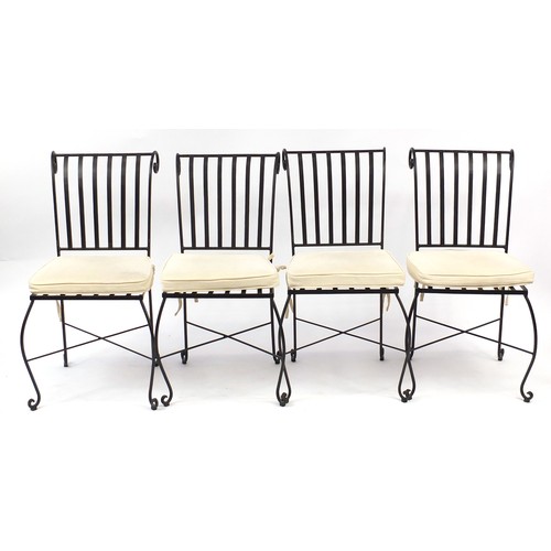 2036 - Contemporary mosaic marble and wrought iron dining table and four chairs, the table 78cm H x 91cm di... 