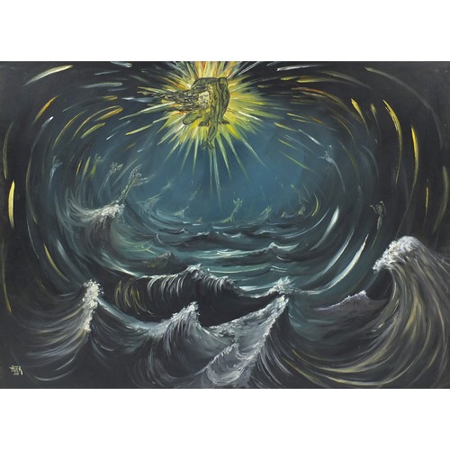 2076A - Danny Ager 2001 - Surreal composition with waves, oil onto canvas, framed, 151cm x 106cm