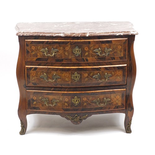 2002 - French Louis XV rosewood commode with marble top, floral inlay and ormolu mounts by Pierre Roussel, ... 
