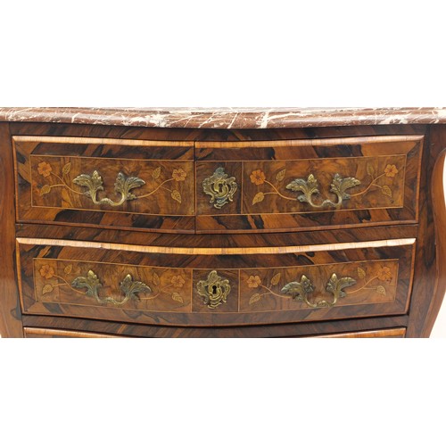 2002 - French Louis XV rosewood commode with marble top, floral inlay and ormolu mounts by Pierre Roussel, ... 