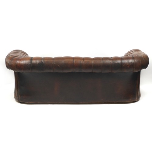 2014 - Mid century leather Chesterfield settee, 73cm H x 215cm W x 88cm D