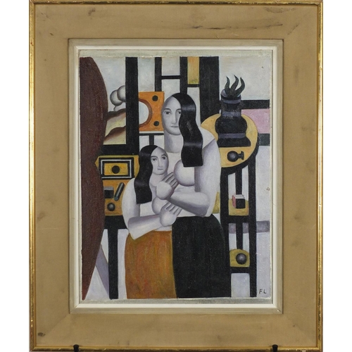 2141 - Abstract composition, two surreal figures, French school oil on board, bearing a monogram FL, framed... 