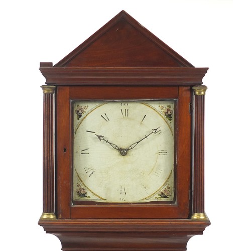 2044 - 19th century mahogany long case clock with hand painted dial, 200cm high