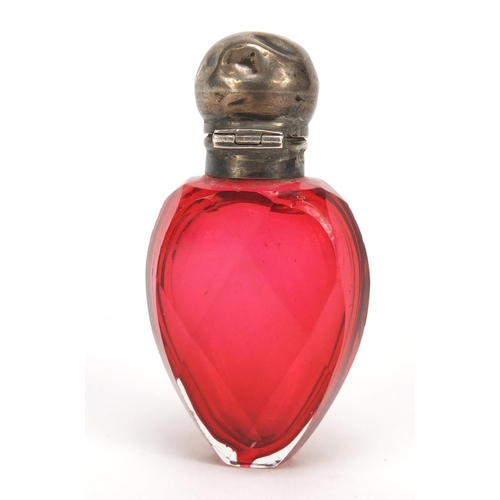 24 - Victorian cranberry glass scent bottle with hinged silver lid, by C.C. May and Sons, Birmingham 1892... 