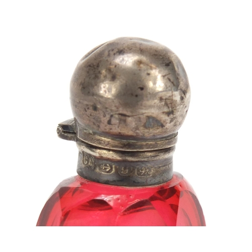 24 - Victorian cranberry glass scent bottle with hinged silver lid, by C.C. May and Sons, Birmingham 1892... 