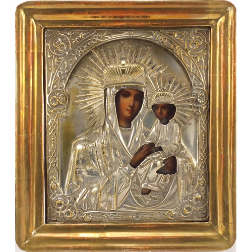 61 - 19th Century hand painted Russian orthodox icon with silver plated mounts, 35cm x 30.5cm