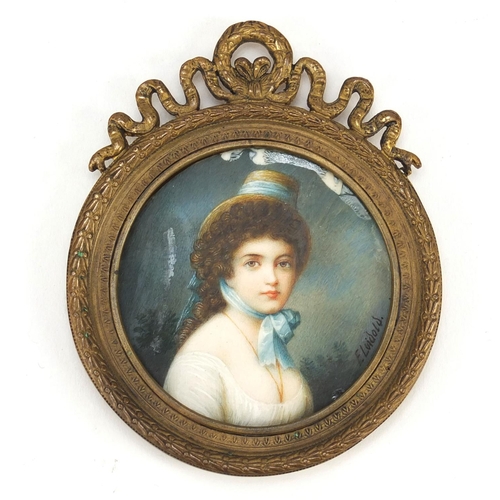 48 - 19th century German circular hand painted portrait miniature of a young female wearing a bonnet, bea... 