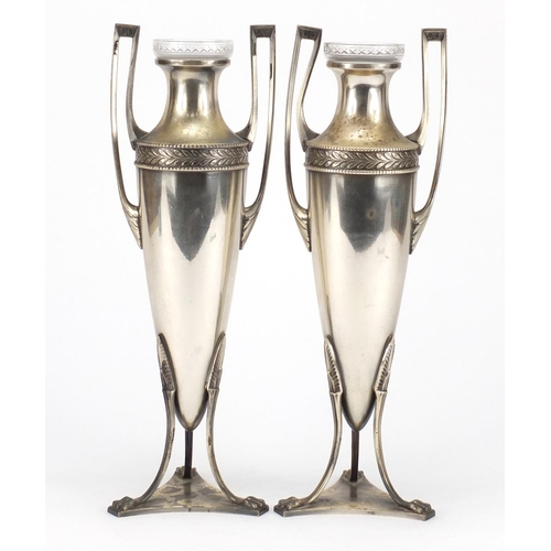 586 - Pair of Art Nouveau silver plated vases with glass liners by WMF, each 32cm high