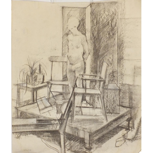 939 - Attributed to Euan Uglo - Nude figures, two pencil drawings, one framed, 83.5cm x 59.5cm