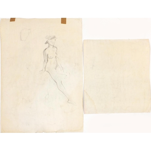 939 - Attributed to Euan Uglo - Nude figures, two pencil drawings, one framed, 83.5cm x 59.5cm