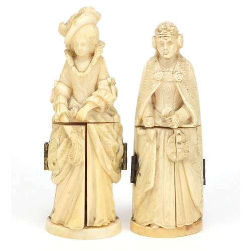 130 - Rare pair of 19th century Dieppe carved ivory triptych figures, largest 8.5cm high