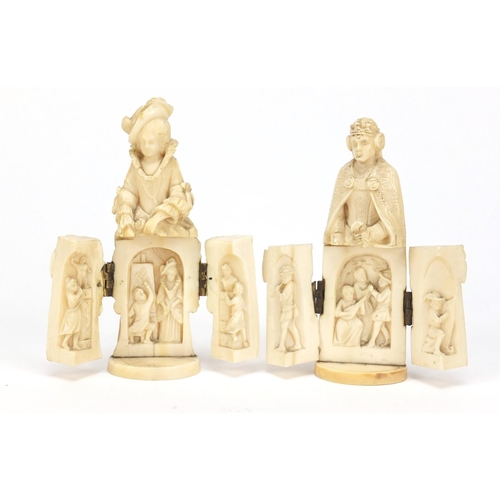 130 - Rare pair of 19th century Dieppe carved ivory triptych figures, largest 8.5cm high