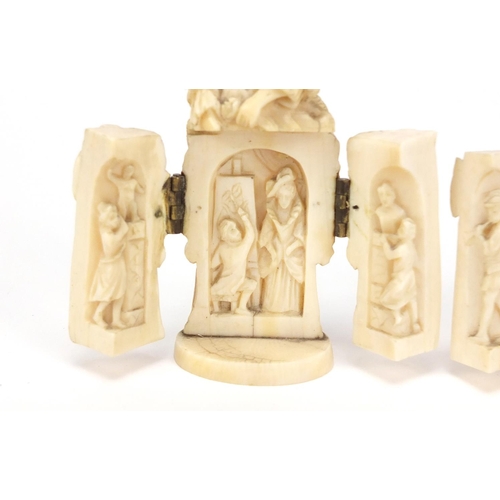 130 - Rare pair of 19th century Dieppe carved ivory triptych figures, largest 8.5cm high