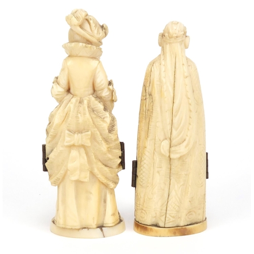 130 - Rare pair of 19th century Dieppe carved ivory triptych figures, largest 8.5cm high