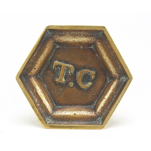 82 - Early 19th century hexagonal brass tobacco box and cover, engraved Thomas Carlisle November 5th 1831... 