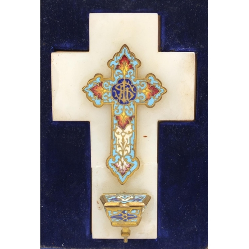 64 - Gilt brass and enamel crucifix with fitted case and a silver mounted prayer book with vellum pages, ... 