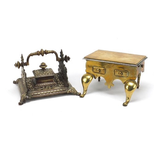 103 - Victorian brass inkstand and a miniature Georgian brass footman, the largest 17cm wide