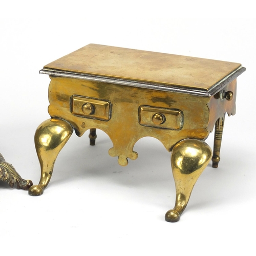 103 - Victorian brass inkstand and a miniature Georgian brass footman, the largest 17cm wide