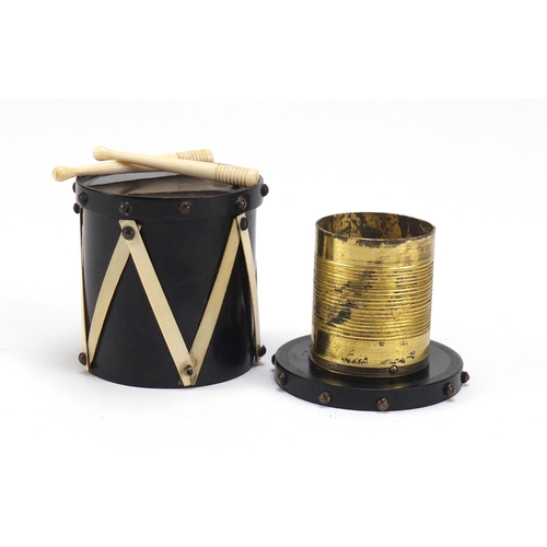 131A - 19th century turned wood and ivory Go-to-bed match striker in the form of a drum, 6cm high