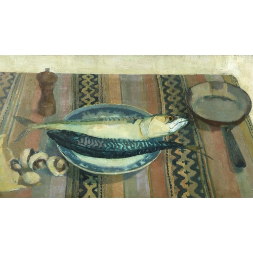 924 - Jill Levick - Still life items on a table, oil onto board, inscribed verso, mounted and framed, 59cm... 