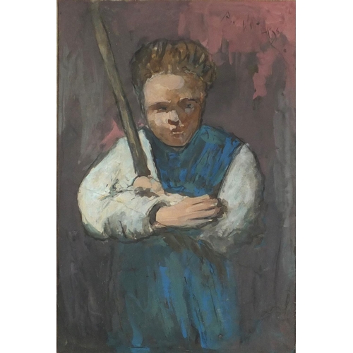 933 - Boy holding a stick, charcoal and gouache, bearing an indistinct signature possibly Wiutters, mounte... 