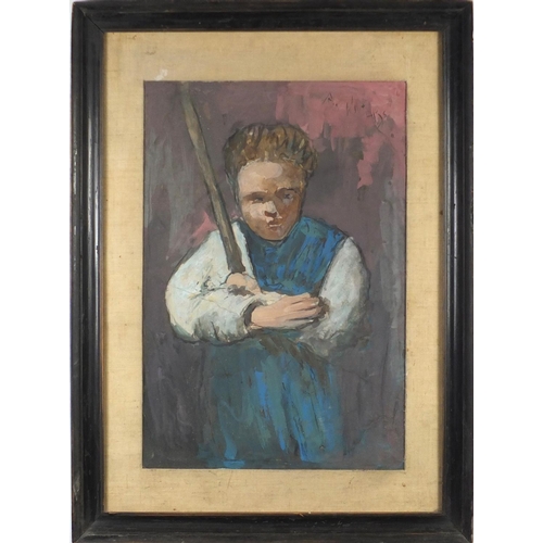 933 - Boy holding a stick, charcoal and gouache, bearing an indistinct signature possibly Wiutters, mounte... 